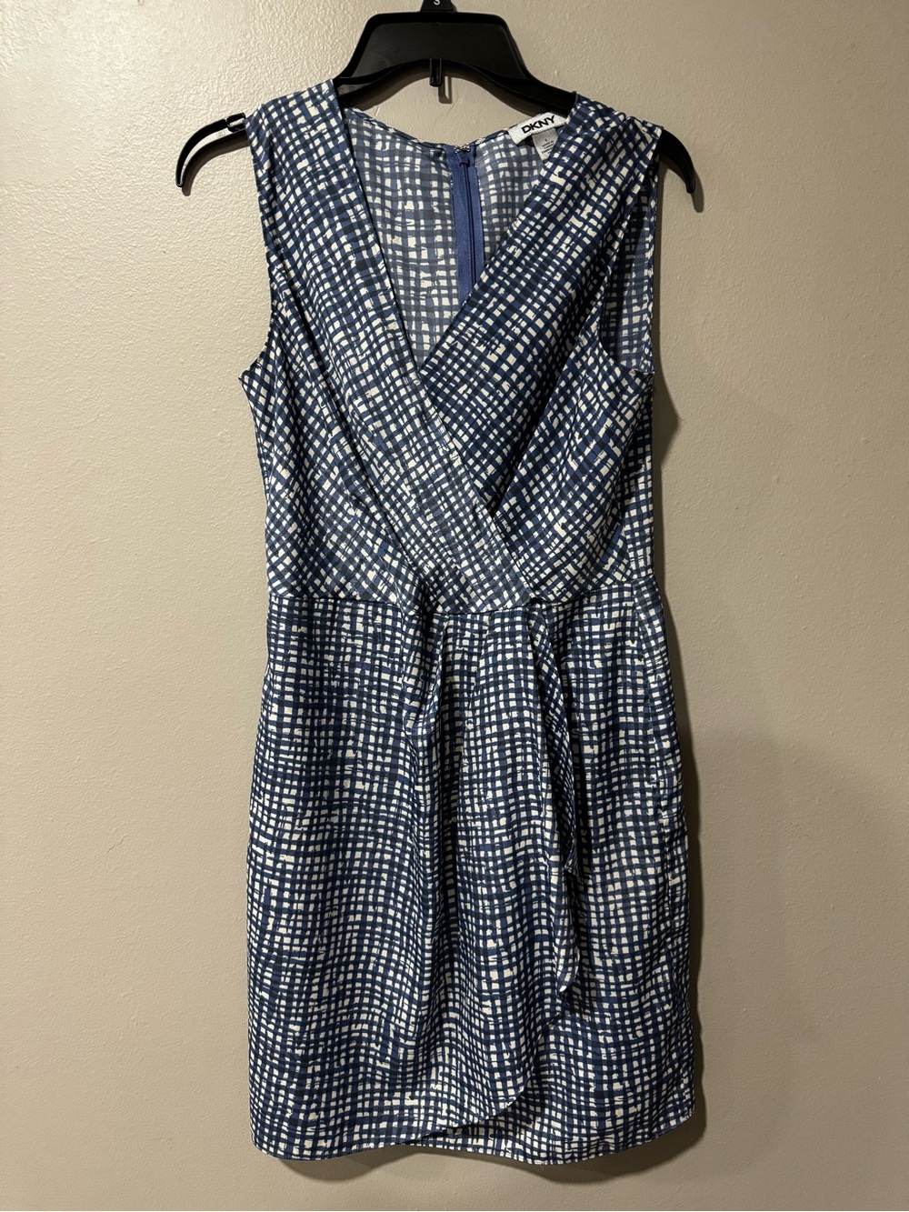 DKNY Navy and White Sleeveless Wrap Mini Dress